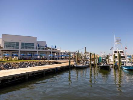 View of Zeke's seafood restaurant on the water in Orange Beach