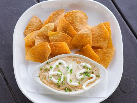 A plate of fresh blue crab and tortilla chips from Ginny Lane's restaurant in Orange Beach