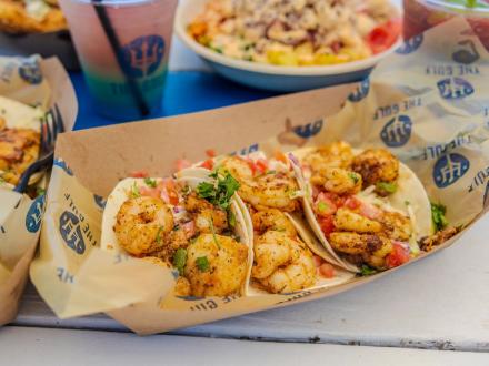 a plate of shrimp tacos at The Gulf beachfront restaurant in Orange Beach