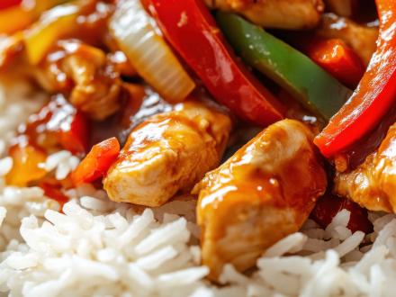 Szechuan chicken with rice, bell peppers, and onions