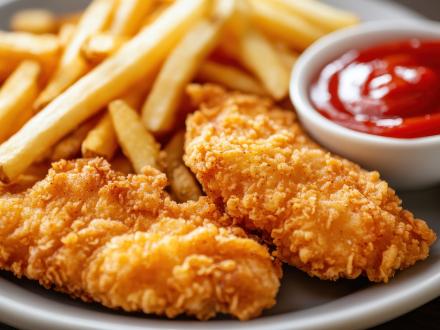 a plate of chicken tenders, fries, and ketchup