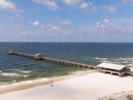 Aerial view of Gulf State Park Pier in Gulf Shores