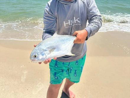 pompano caught while surf fishing on the beach in Orange Beach