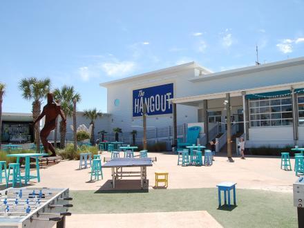 Exterior and patio area of The Hangout beachfront restaurant and bar in Gulf Shores