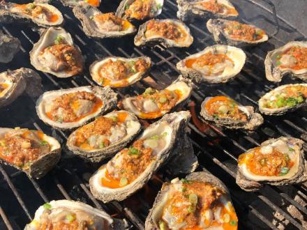 Fresh Gulf oysters cooking on a grill