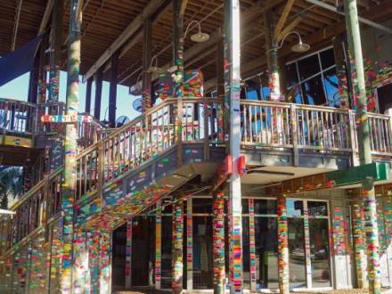 colorful duct tape covering the walls of Tacky Jacks waterfront restaurant in Gulf Shores