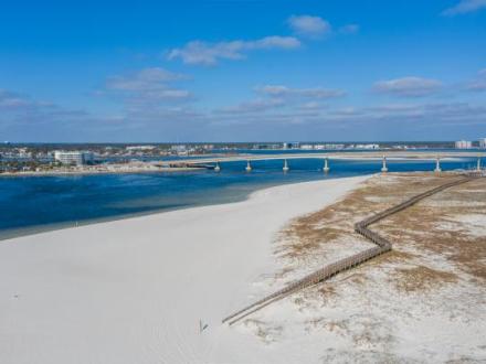 Aerial view of Alabama Point beach access near Perdido Pass in Orange Beach