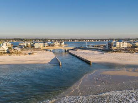 aerial view of little lagoon pass beach on west beach in Gulf Shores
