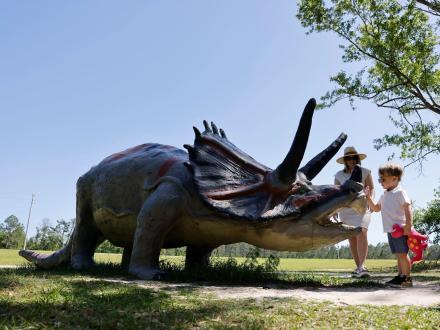 Young boy admiring a giant dinosaur statue at Barber Marina