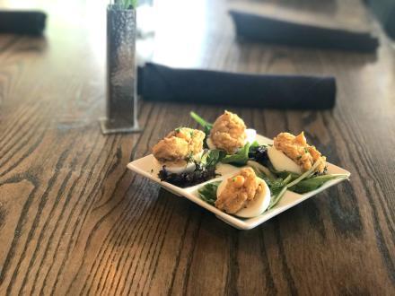 Shrimp deviled eggs at Brick & Spoon, brunch restaurant in Orange Beach