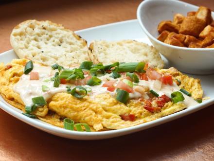 The Mardi Gras omelet, signature dish at Another Broken Egg brunch restaurant in Orange Beach