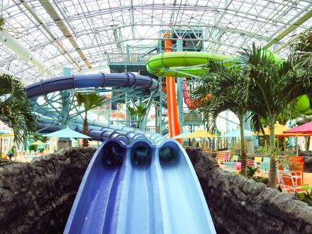Waterslides inside Tropic Falls indoor waterpark