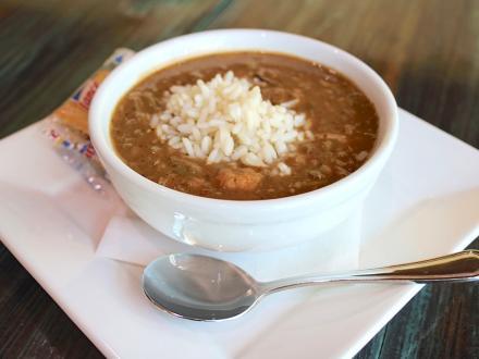 A bowl of seafood gumbo at GTs on the Bay waterfront restaurant in Orange Beach