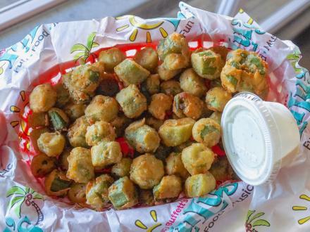a big basket of fried okra at LuLu's popular family restaurant in Gulf Shores