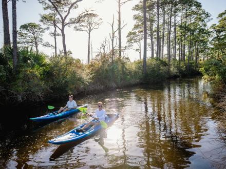 Two kayakers paddling along the back bays in Orange Beach