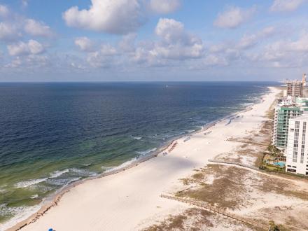scenic aerial view of the white sand beaches of Orange Beach