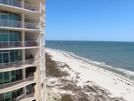 View of beach from Turquoise Place Gulf-front Resort in Orange Beach
