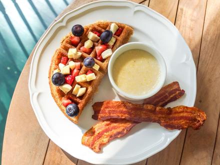 waffles, grits, and bacon breakfast at magnolia springs B&B
