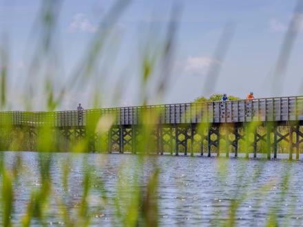 people biking across the boardwalk at lake Shelby in gulf state park
