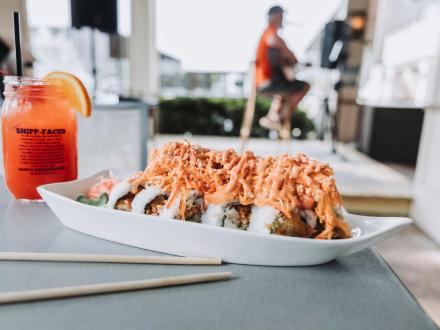 Fresh shrimp sushi at Shipp's Dockside Lower Deck waterfront restaurant in Orange Beach
