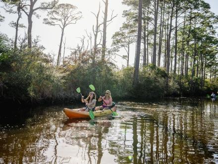 Women kayaking along the back bays in Orange Beach