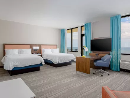 Gulf-facing hotel room at Hampton Inn & Suites beachfront hotel in Orange Beach