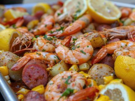 Shrimp boil with potatoes, sausage, and cord