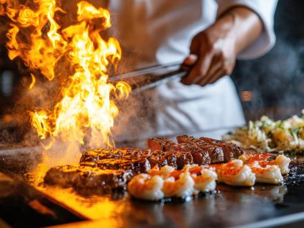 steak and shrimp cooked at a hibachi restaurant
