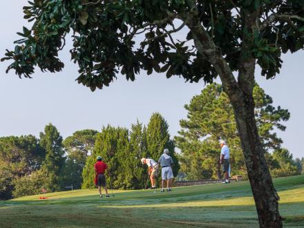 Group of friends golfing at a local course in Gulf Shores