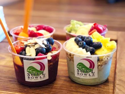 Four fresh acai fruit bowls from Soul Bowls in Gulf Shores