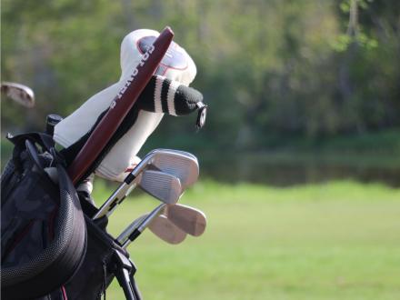 Closeup of golf clubs sitting in a golf bag on a course in Gulf Shores