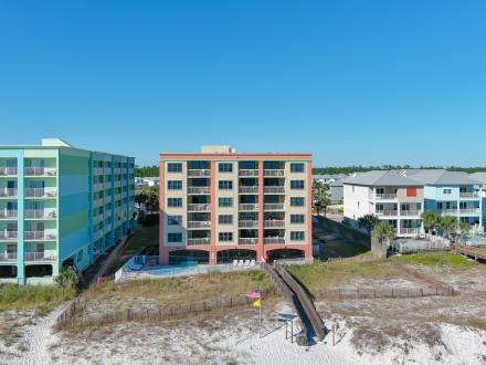 aerial view of Harbour Place beachfront condo in Orange Beach