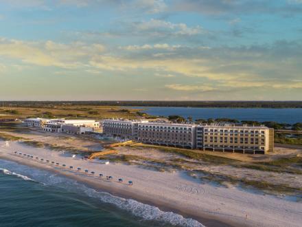 aerial view of the lodge beachfront hotel in Gulf State Park