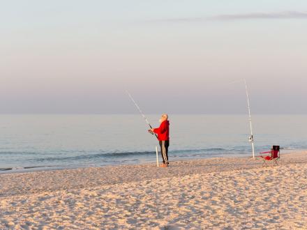 Angler surf fishing along the shoreline in Orange Beach at sunrise