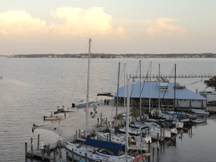 Aerial view of Pirate's Cove waterfront restaurant in Josephine