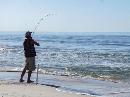 man surf fishing along the shore of Gulf Shores beach