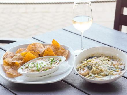 Shrimp pasta and crab dip at Ginny Lane's restaurant in Orange Beach
