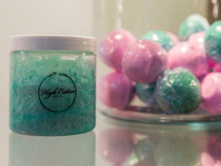 scrub and bath bombs at high cotton bath company in orange beach