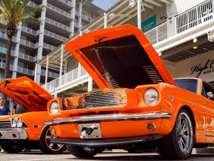 Cars lined up at The Wharf for Bama Coast Cruisin' Car Show in Orange Beach