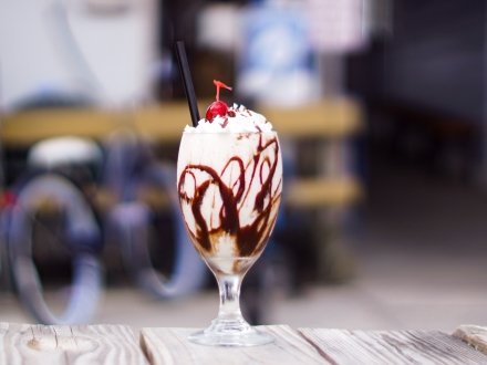 Signature bushwacker at Bahama Bob's beachside restaurant in Gulf Shores, topped with whipped cream and a cherry