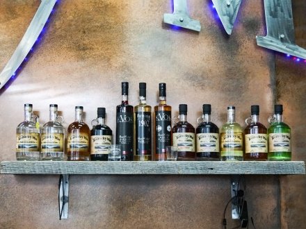 Bottles of spirits at Kentucky Mist Distillery tasting room at The Wharf