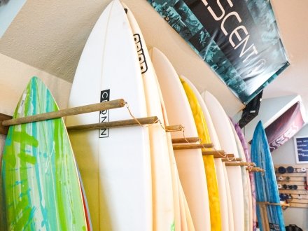 Surfboards at a local rental shop in Gulf Shores