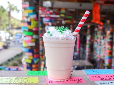 Shamrock bushwacker with green sprinkles at Tacky Jacks seafood restaurant in Gulf Shores