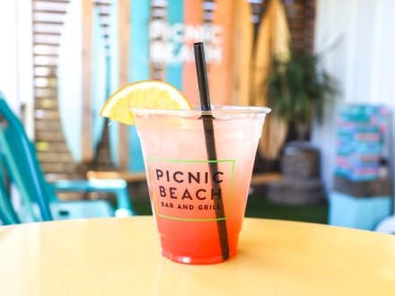 Blood orange paloma mocktail drink at Picnic Beach restaurant in Gulf Shore