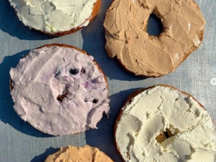 variety of bagels with schmear at bagel boy breakfast restaurant in orange beach