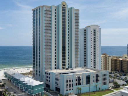 Aerial view of Phoenix Gulf Shores II beachfront condo in Gulf Shores