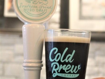 Nitro Draft cold brew coffee at Southern Grind coffee shop in Orange Beach