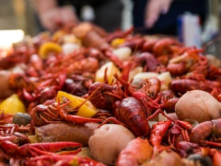Crawfish boil spread out on a table