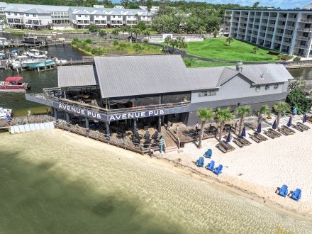 Aerial view of Aerial Pub waterfront seafood restaurant in Orange Beach