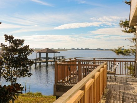 Lake view from a cabin deck at Gulf State Park in Gulf Shores, featuring a wooden pier and natural surroundings